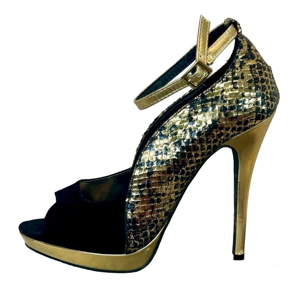 Liliana black velour metallic gold snake print platform high heel pumps Sz 8.5
